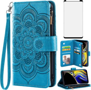 For Samsung Galaxy Note 9 Tempered Glass Screen Protector Leather Flip Wallet