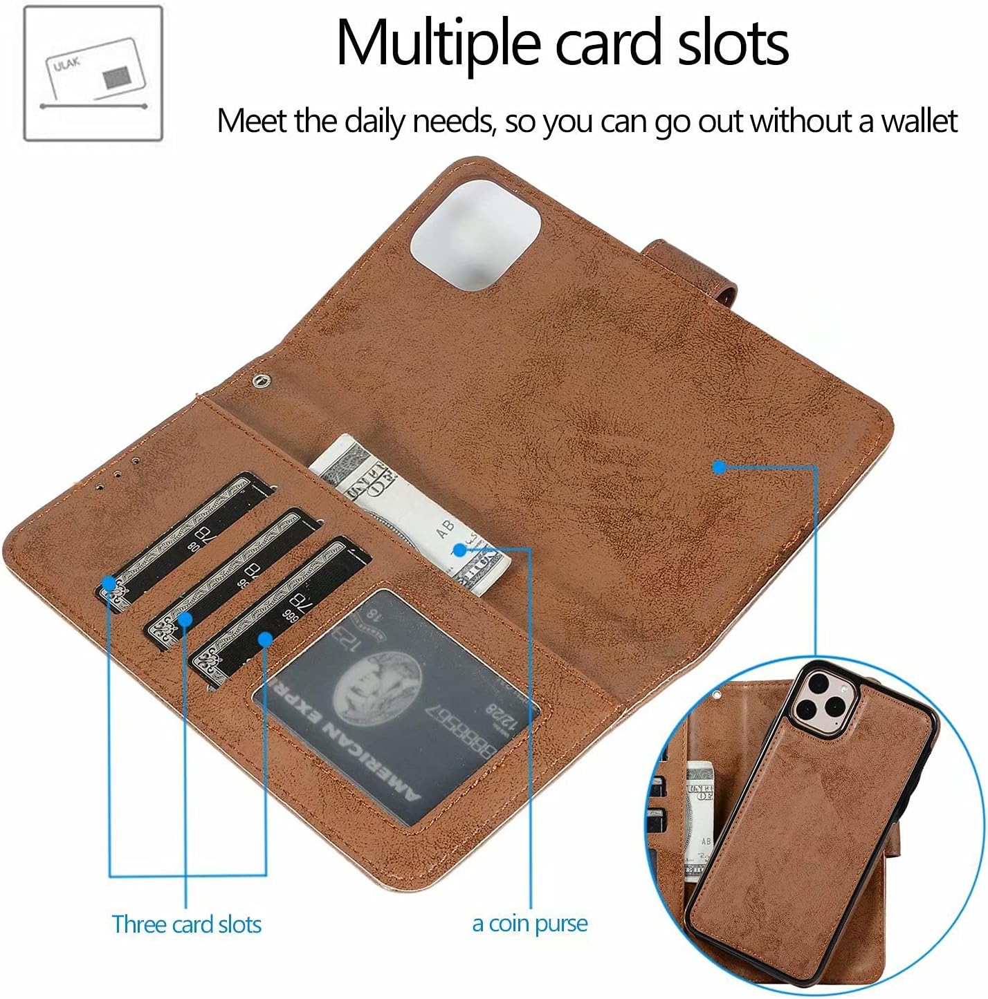 Magnetic Detachable Wallet Case with Card Slots for iPhone 12 Pro Max - Brown - Image 3