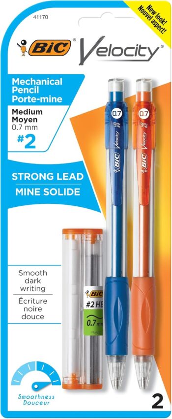 BIC Velocity Mechanical Pencil with Eraser, Medium Point (0.7 mm)- Pack of 2