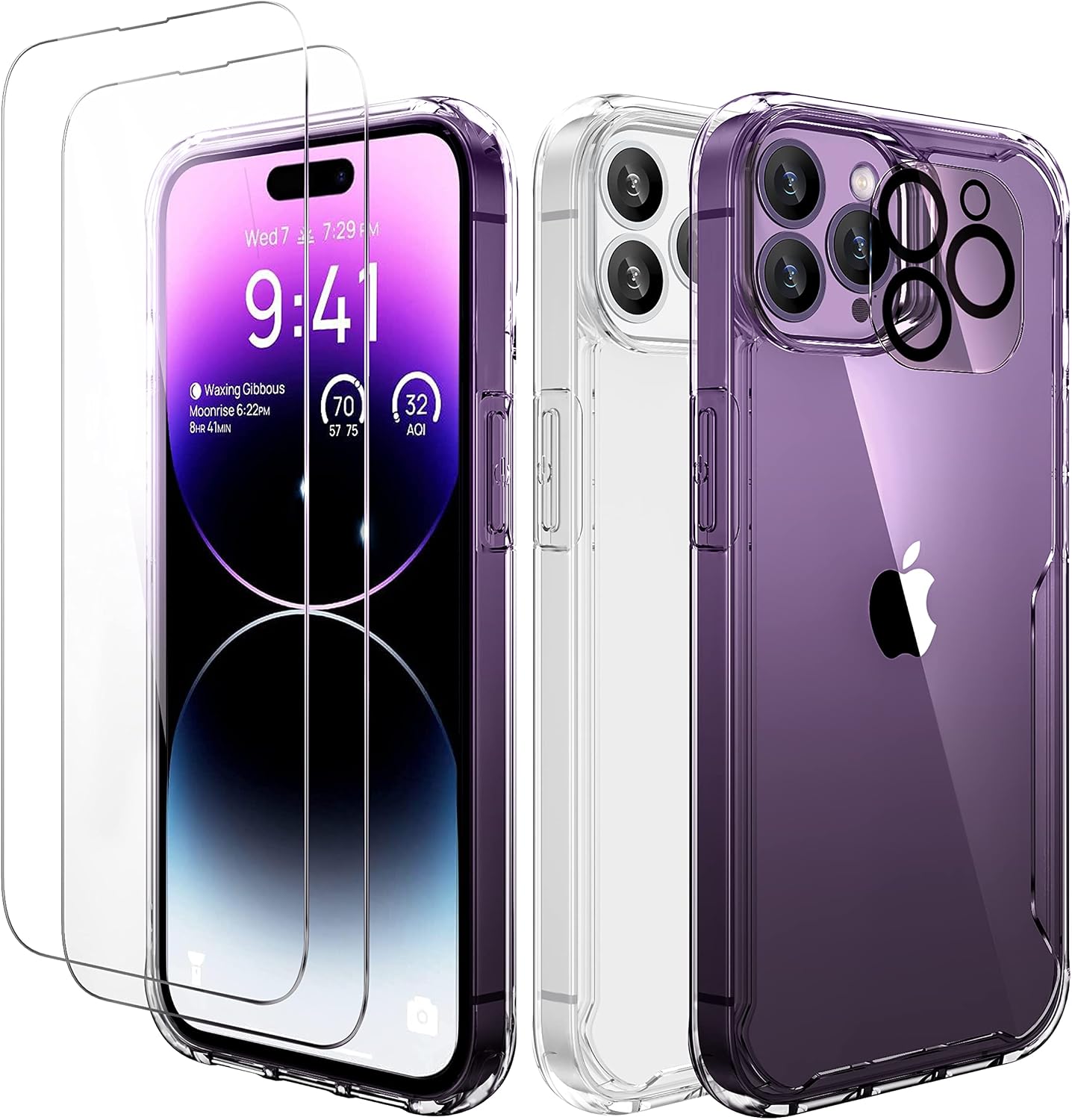 For iPhone 14 Pro Clear Protective Case with 2 x Tempered Glass Screen Protector