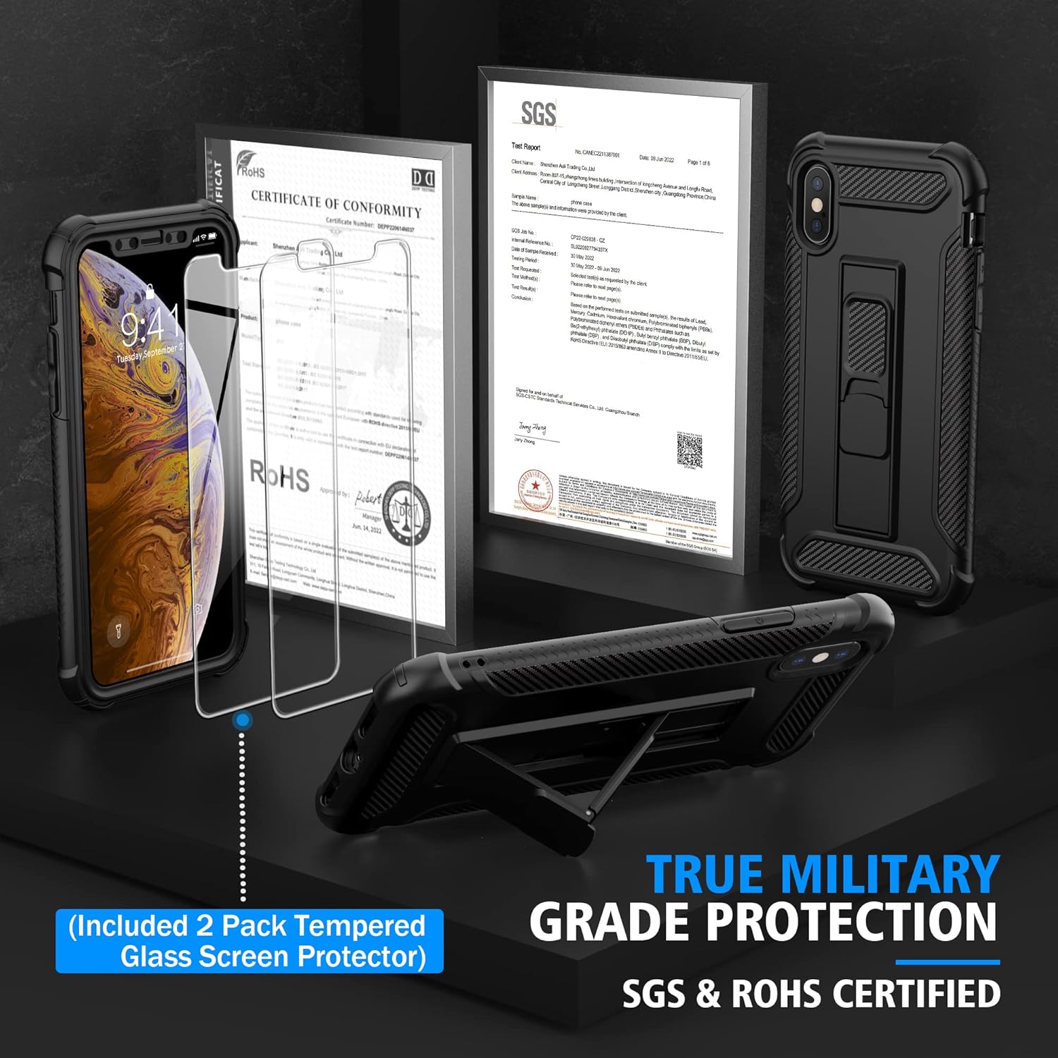 iPhone Xs Max, 2x Glass Screen Protector Shockproof Protective Case - Black - Image 2