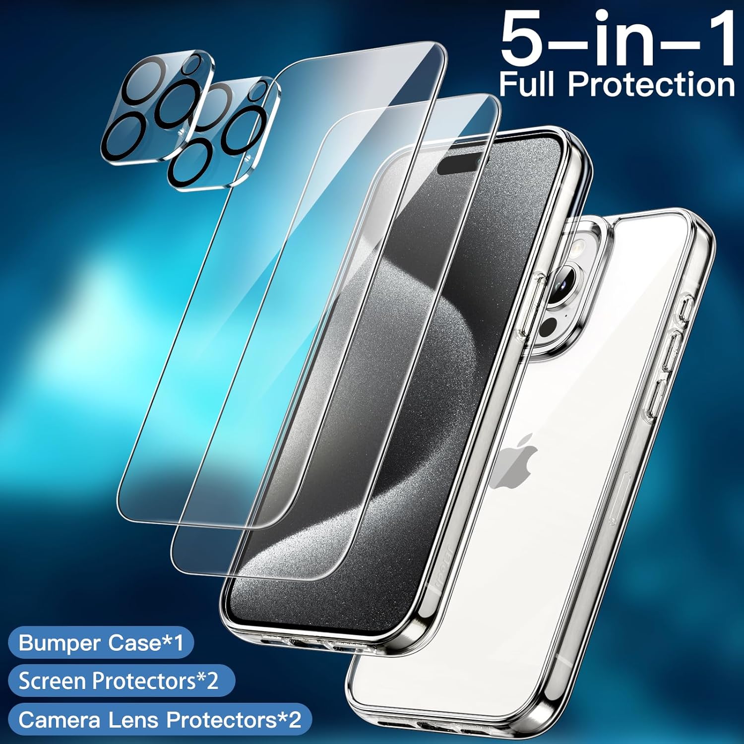 5in1 Case for iPhone 15 Pro 6.1" with 2xTempered Glass Screen Protector (Clear) - Image 3