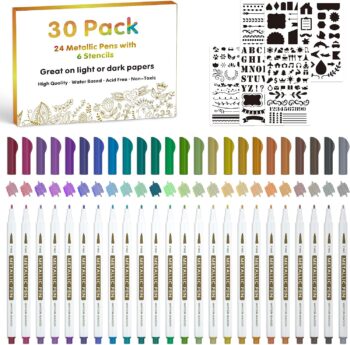 30 Pack Metallic Marker Pens, Lineon Fine Tip Paint Pens with 6 Stencils