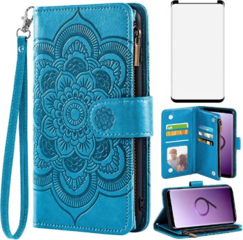 For Samsung Galaxy S9 Tempered Glass Screen Protector Leather Flip Wallet Case