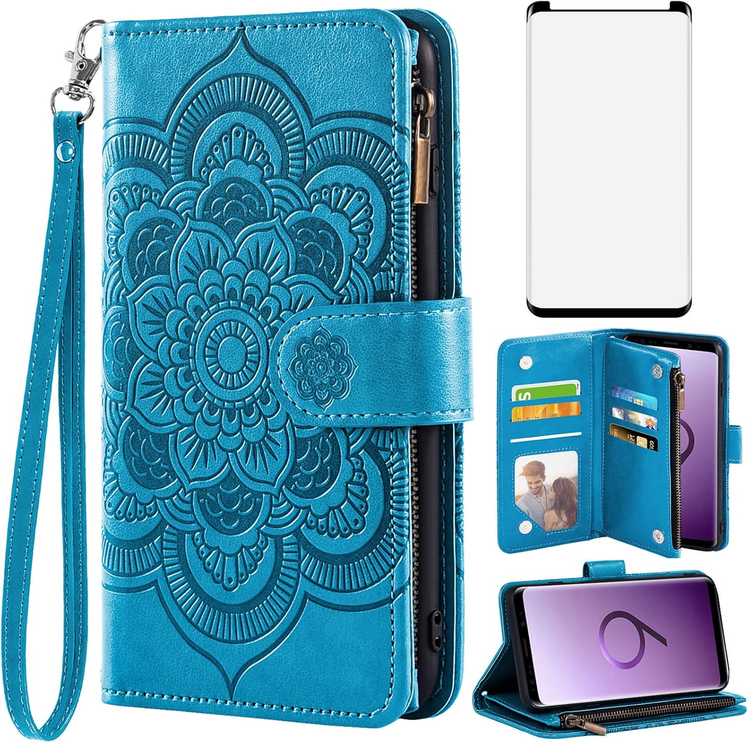 For Samsung Galaxy S9 Tempered Glass Screen Protector Leather Flip Wallet Case