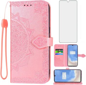 For OnePlus 7T Tempered Glass Screen Protector Flip Wallet Case