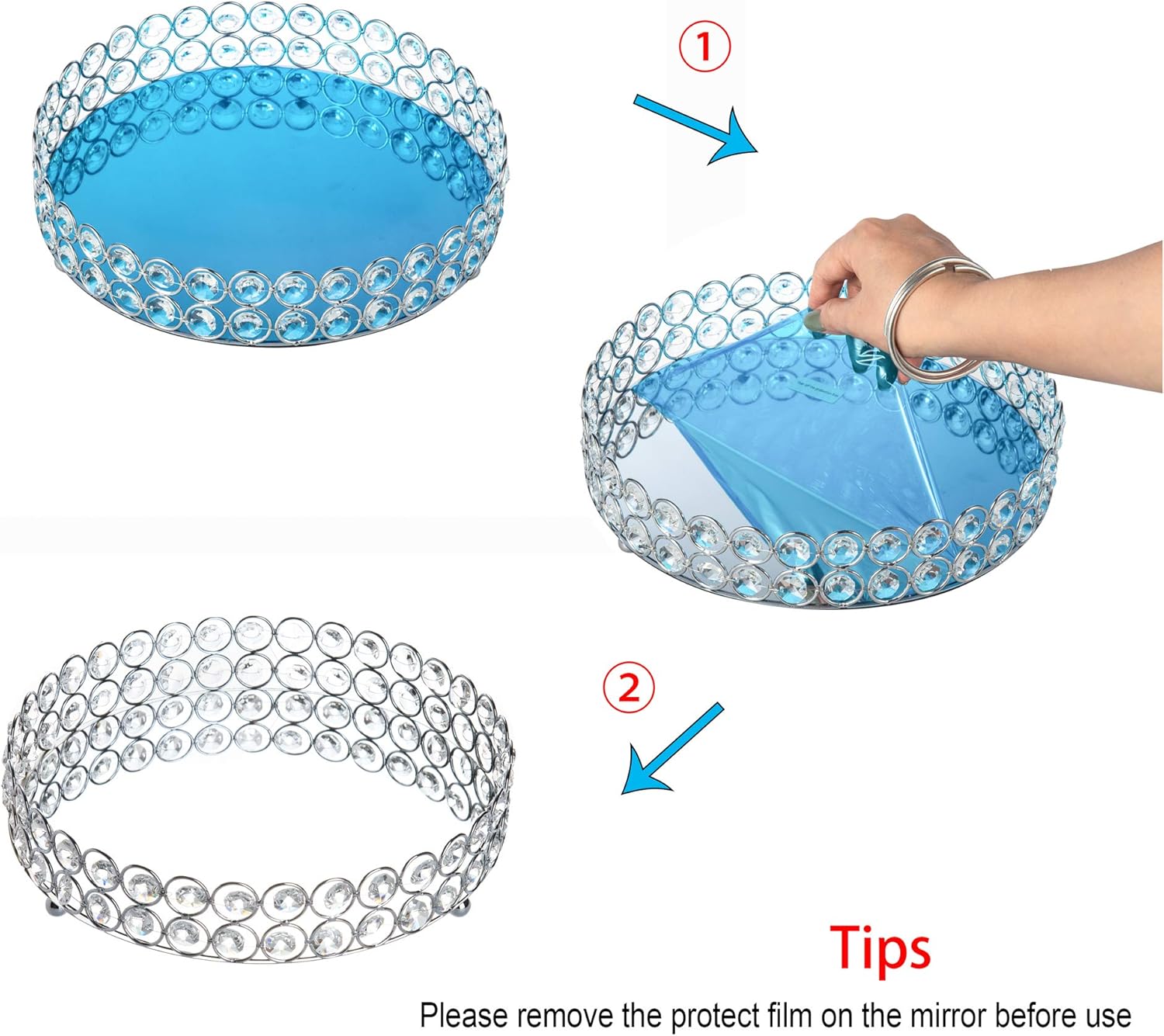 Crystal Beads Cosmetic Round Tray Jewelry Organizer Mirrored Decorative(Silver) - Image 3