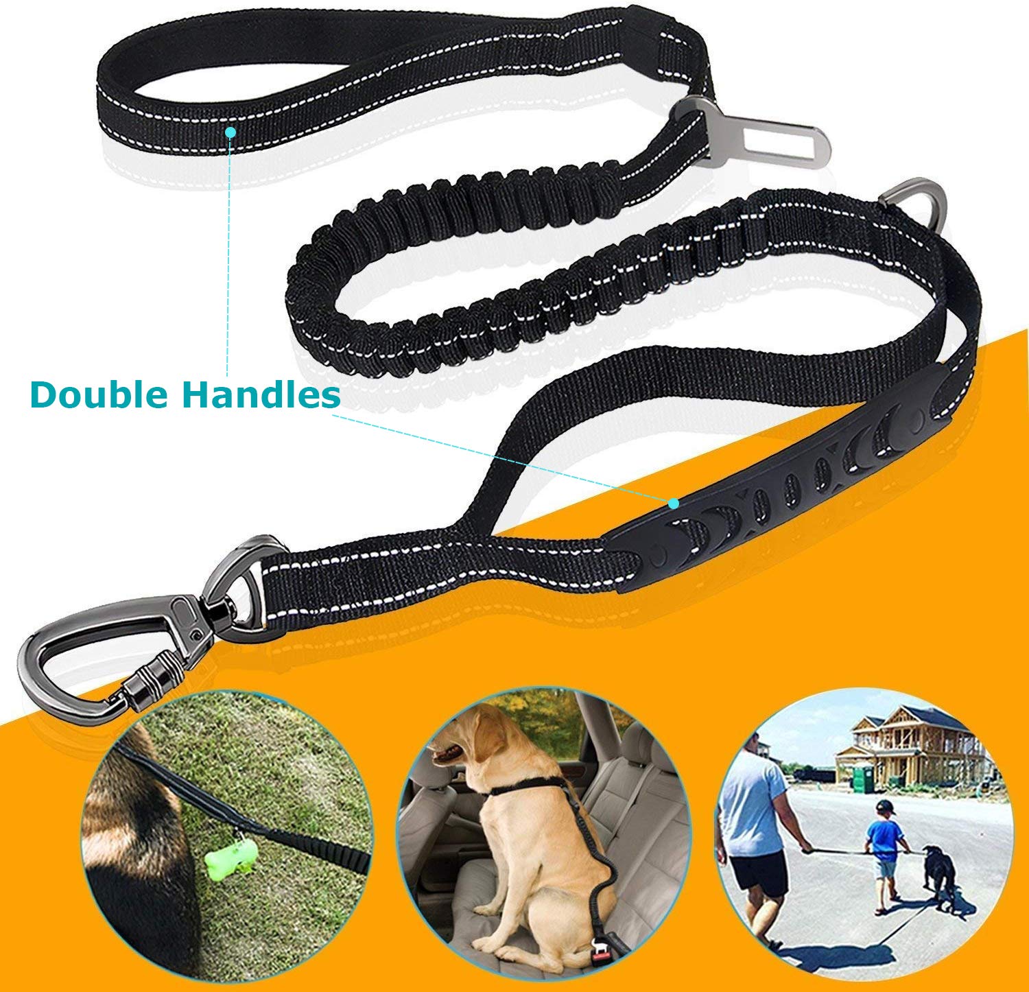 Dog Lead & Car Seat Belt 2 in 1 , 150cm Reflective Anti-Shock Bungee Dog Leash - Image 3