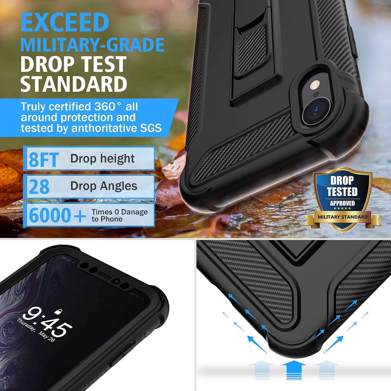 For iPhone XR Case, with 2 x Screen Protectors Full Body Shockproof Case - Black - Image 5