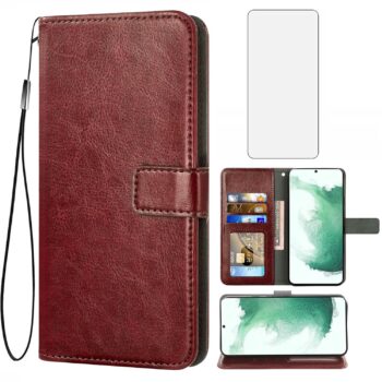 Samsung Galaxy S22 5G Glass Screen Protector and Leather Flip Wallet Case