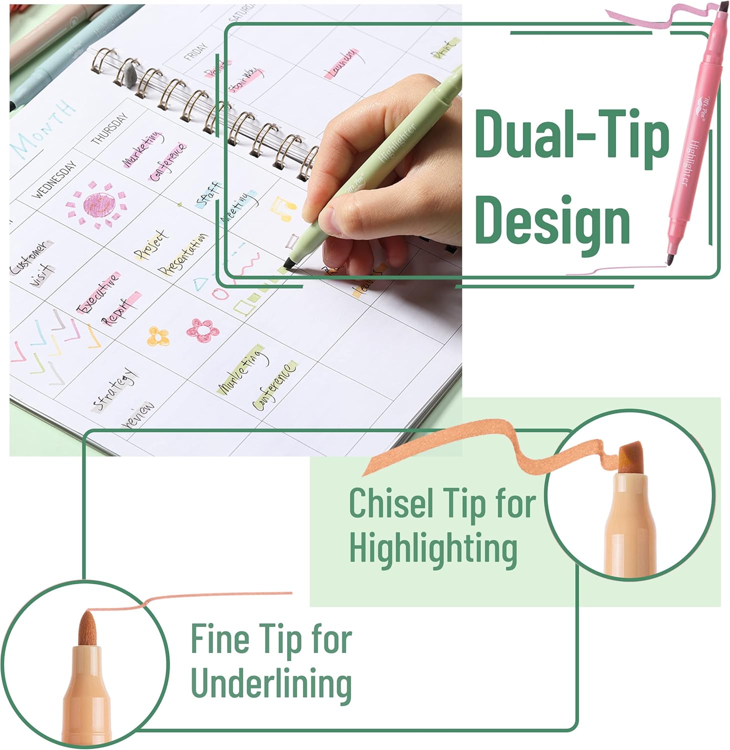 Cute Highlighter Pens, Dual Fine & Chisel Tip, Vintage colours, 8 Pack - Image 3
