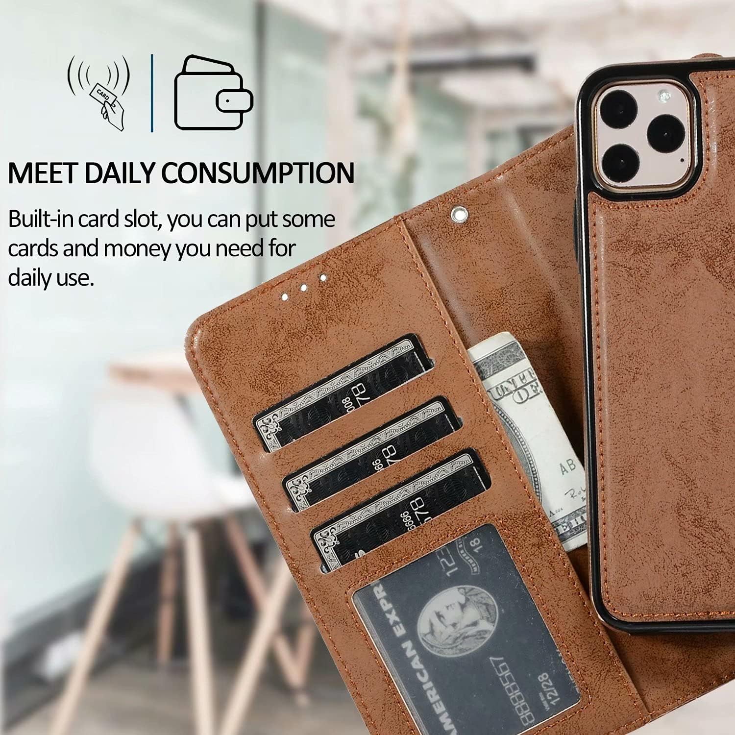 Magnetic Detachable Wallet Case with Card Slots for iPhone 12 Pro Max - Brown - Image 7