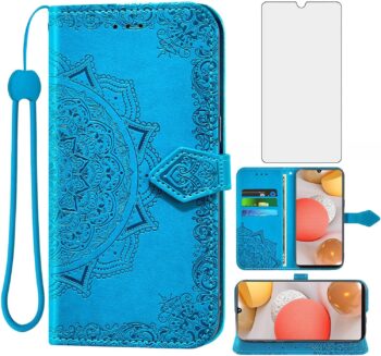 For Samsung Galaxy A42 5G Tempered Glass Screen Protector Flip Wallet - Blue