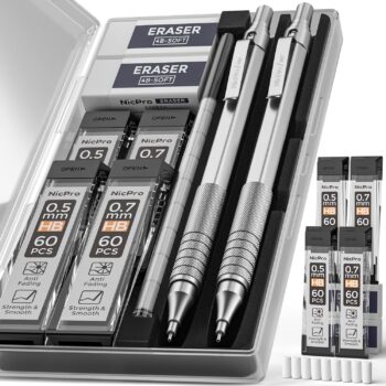 2 PCS Nicpro Mechanical Pencil new 0.5mm+0.7mm silver