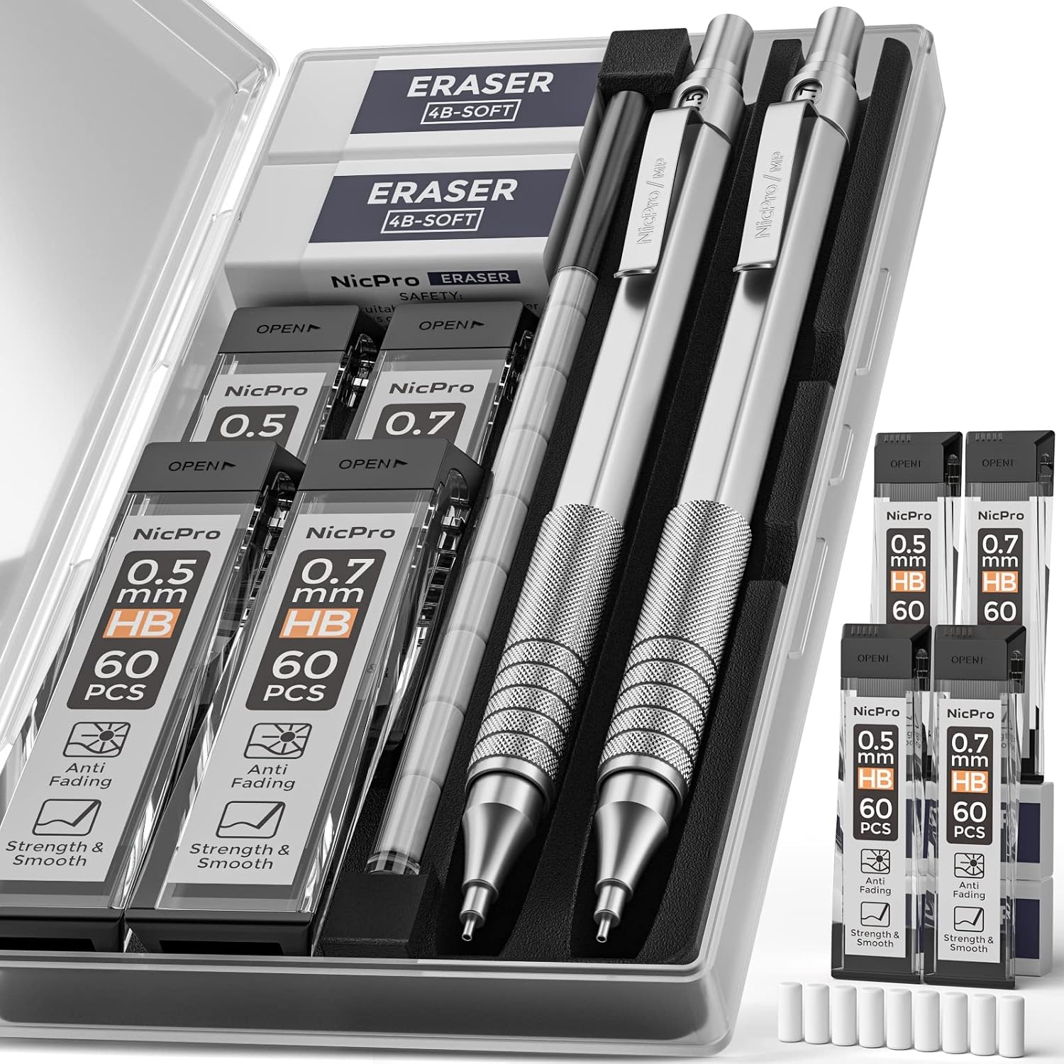 2 PCS Nicpro Mechanical Pencil new 0.5mm+0.7mm silver