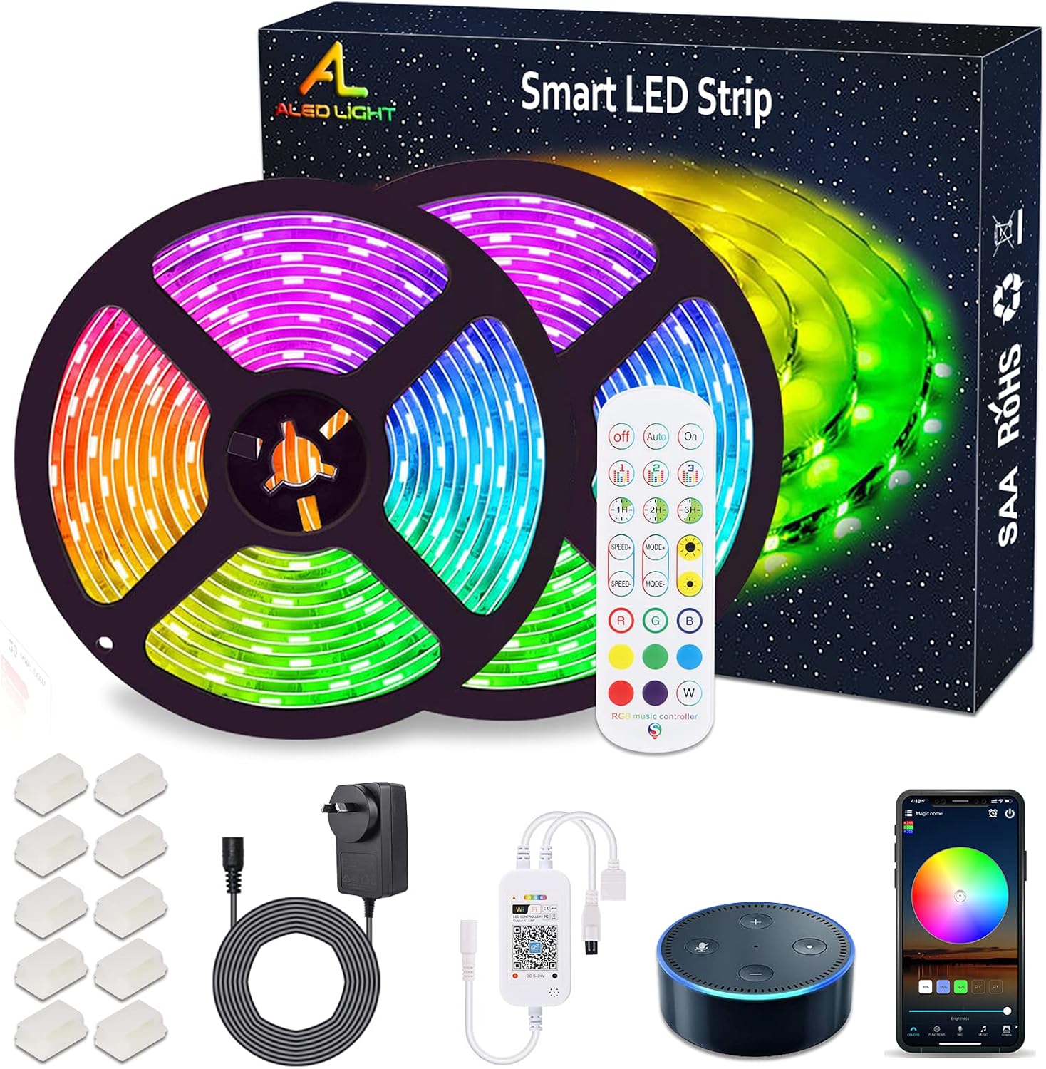 WiFi LED Strip Lights 10M (2x5M), ALED LIGHT RGB LED Strips Lights 5050 SMD