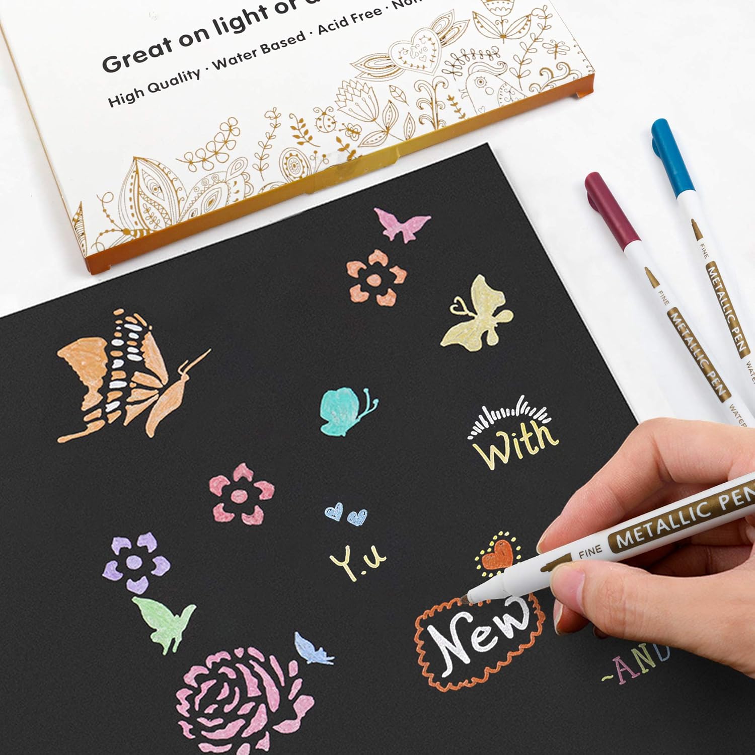 30 Pack Metallic Marker Pens, Lineon Fine Tip Paint Pens with 6 Stencils - Image 6