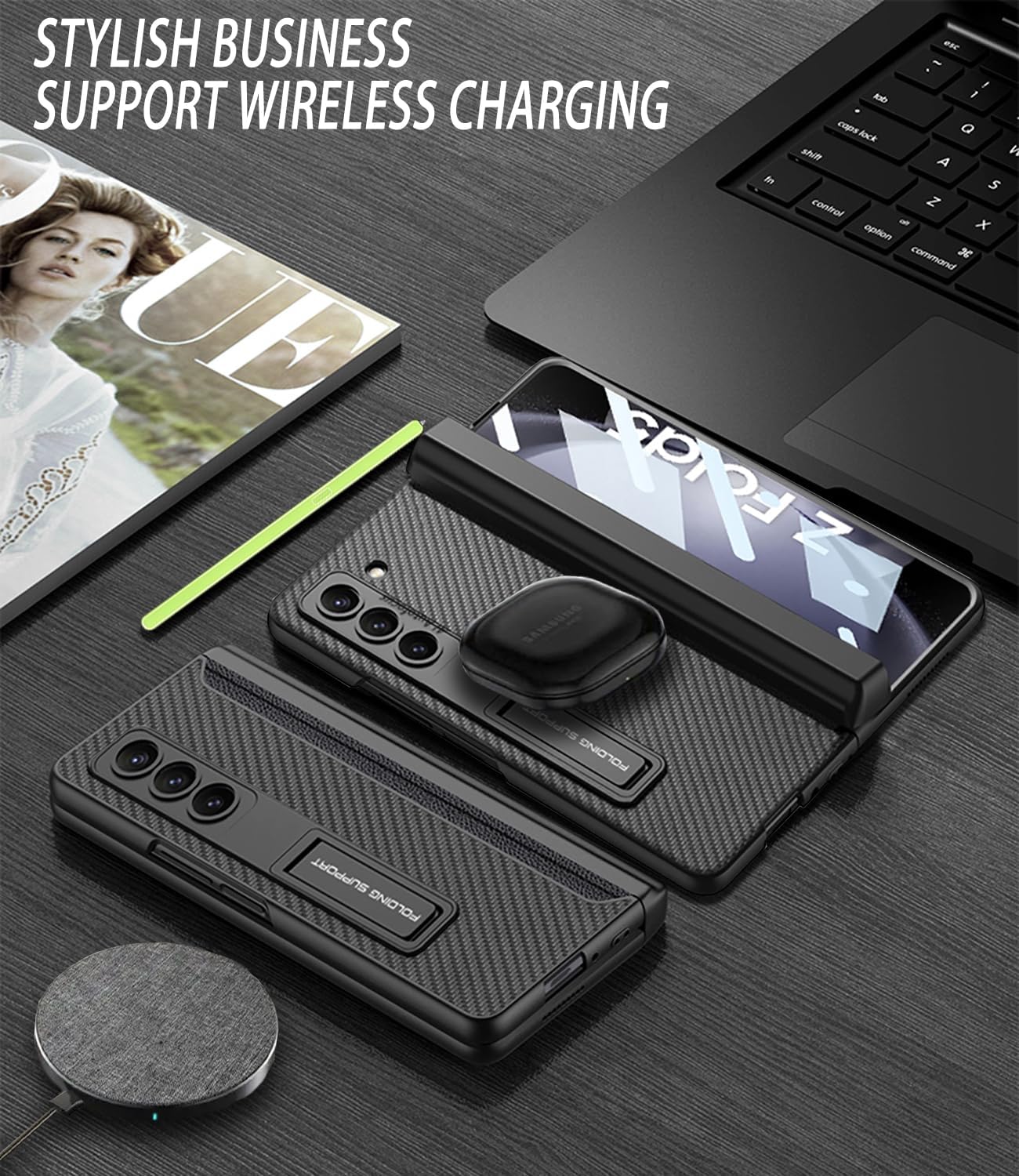 Samsung Galaxy Z Fold 5 Case with Pen Holder, Leather Case - Black - Image 6
