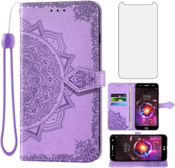 LG X Charge Wallet Case and Tempered Glass Screen Protector Flip Case - Purple