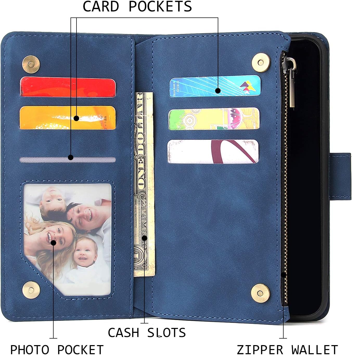 iPhone XR, Premium Vintage PU Leather Magnetic Zipper Pocket Kickstand Case - Image 2