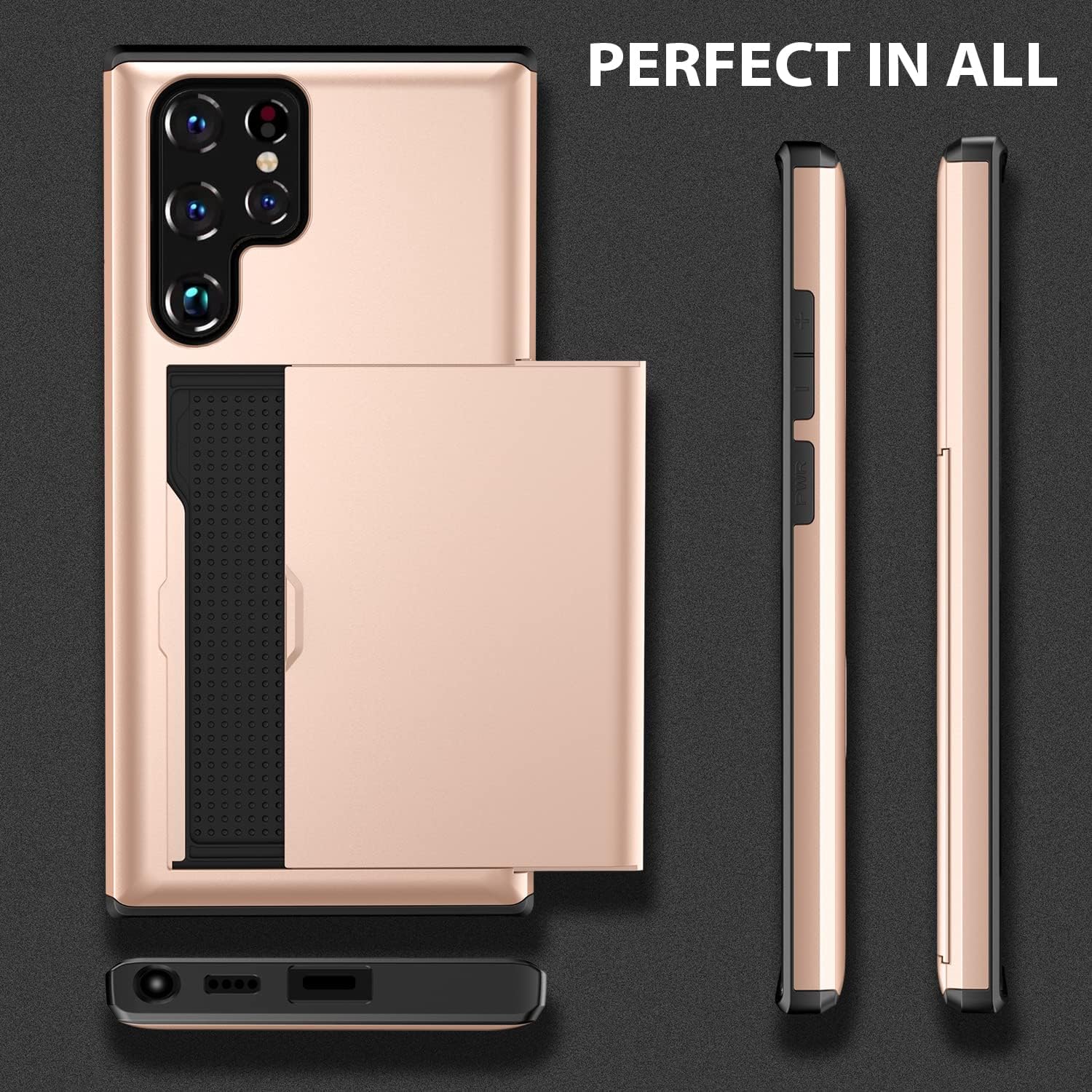 Galaxy S22 Ultra 5G Slide Card Holder Protective Shockproof Case - Rose Gold - Image 3