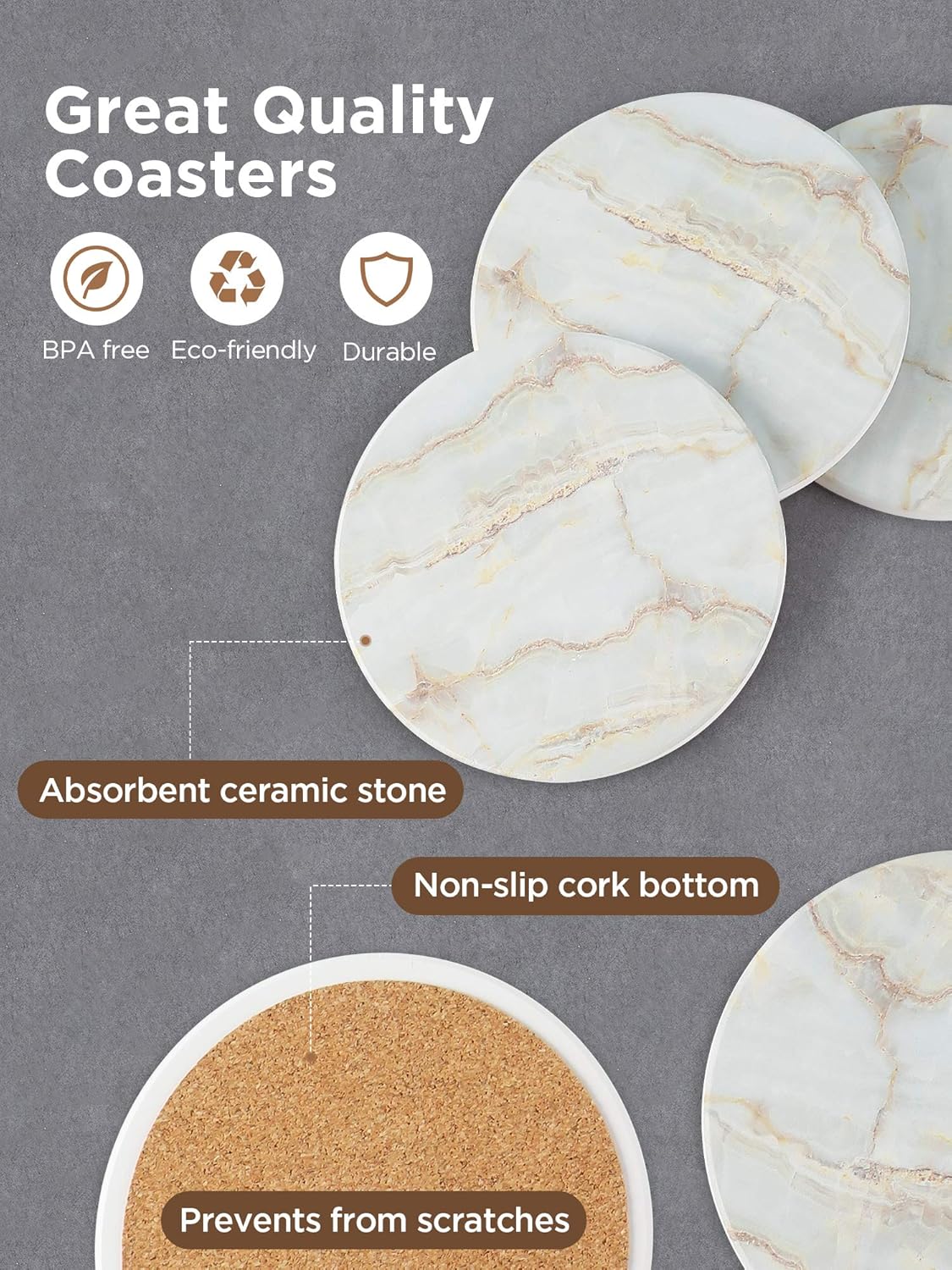 Coasters for Drinks, 8 Pieces with Holder Absorbent Ceramic Stone Marble Pattern - Image 3
