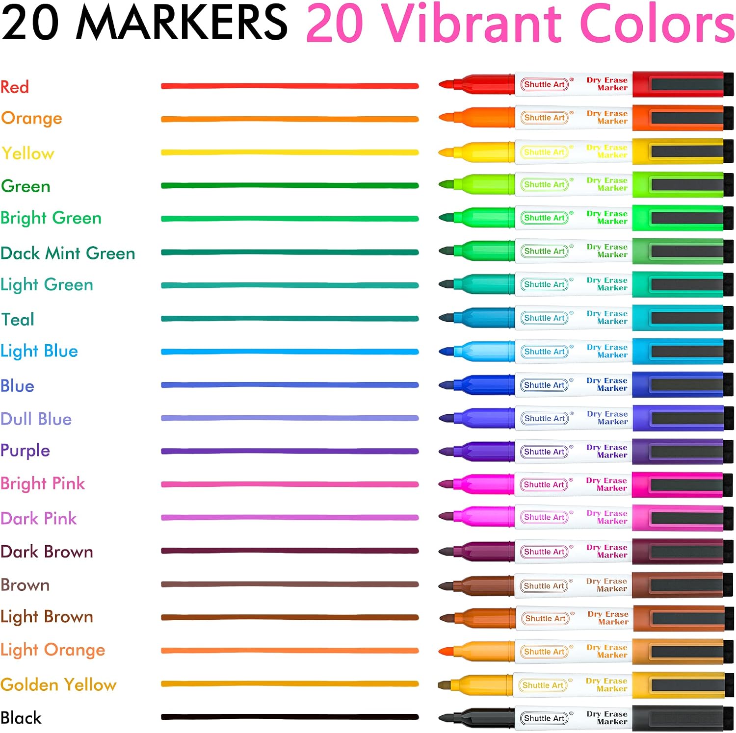 Dry Erase Markers, Shuttle Art 20 Colors Magnetic Whiteboard Markers with Erase - Image 2