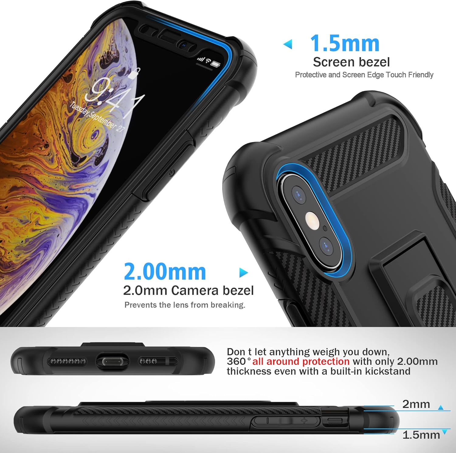 iPhone Xs Max, 2x Glass Screen Protector Shockproof Protective Case - Black - Image 3
