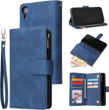 iPhone XR, Premium Vintage PU Leather Magnetic Zipper Pocket Kickstand Case