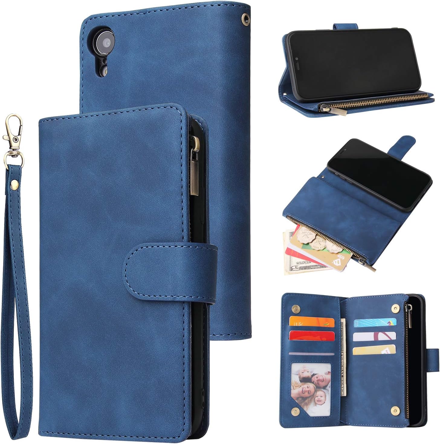 iPhone XR, Premium Vintage PU Leather Magnetic Zipper Pocket Kickstand Case