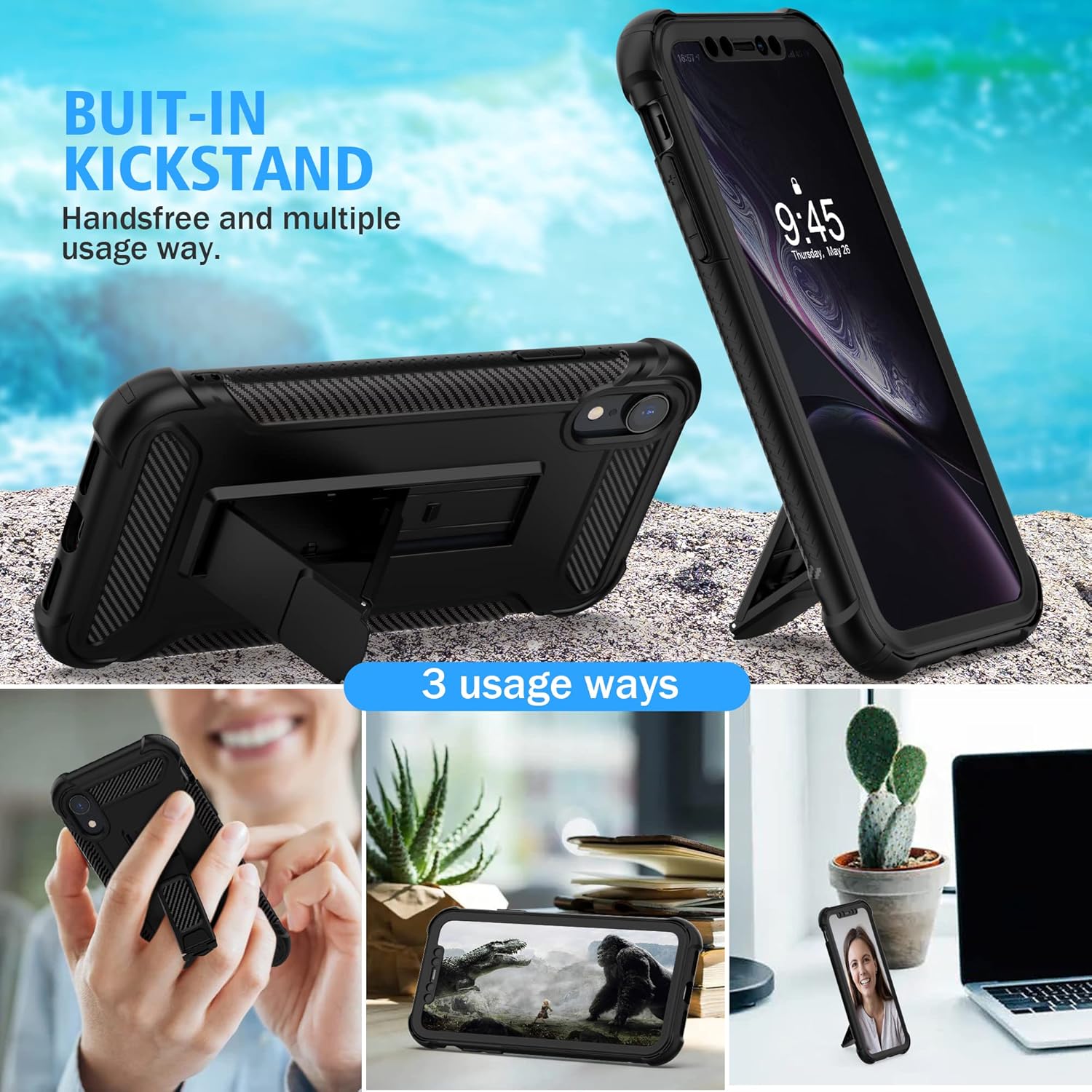 For iPhone XR Case, with 2 x Screen Protectors Full Body Shockproof Case - Black - Image 4