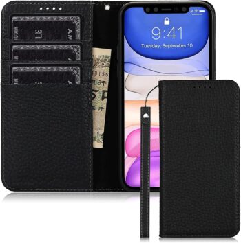 Premium Cow Leather Flip Magnetic Cover for iPhone 12 Pro Max (6.7 Inch) - Black