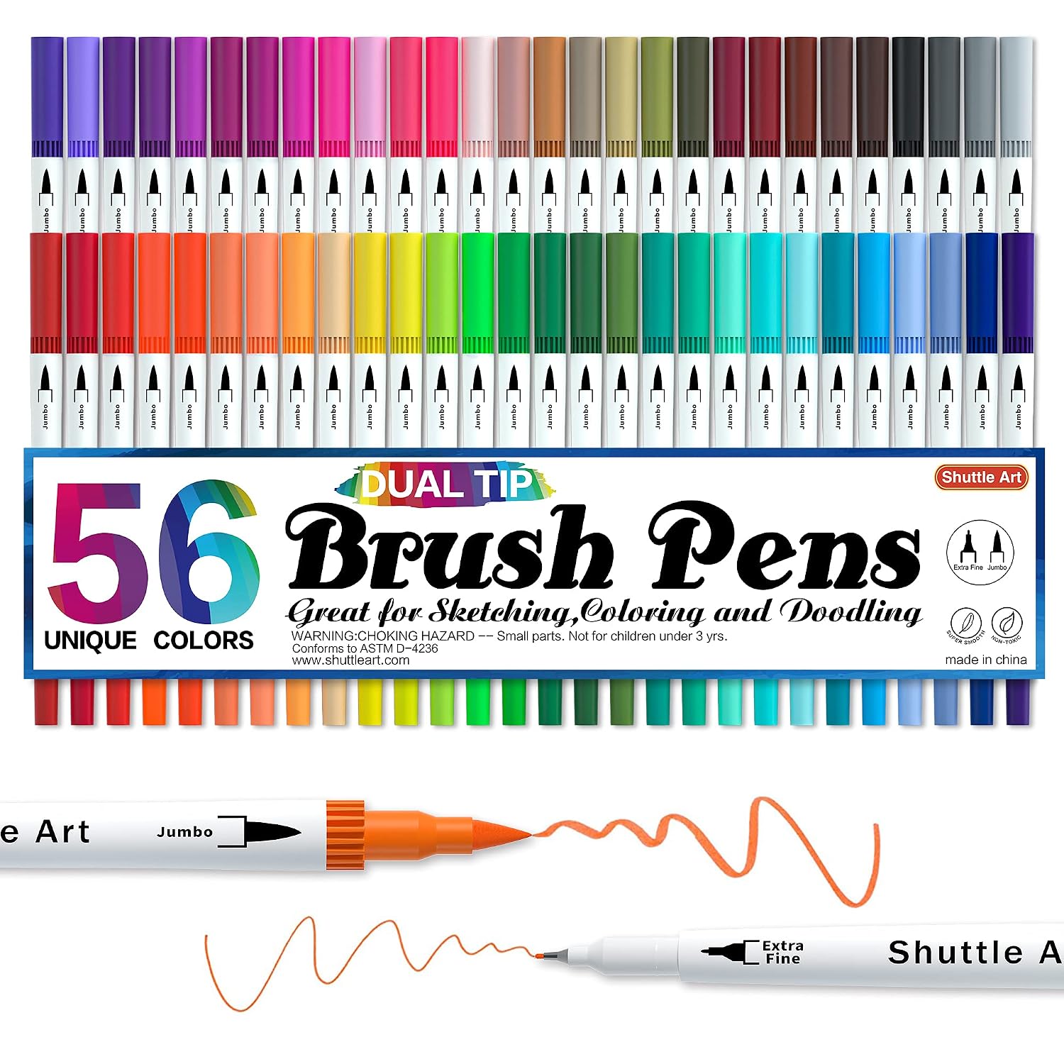 Dual Tip Brush Pens, 56 Colours Brush Tip Drawing Markers with 0.4mm Fineliner