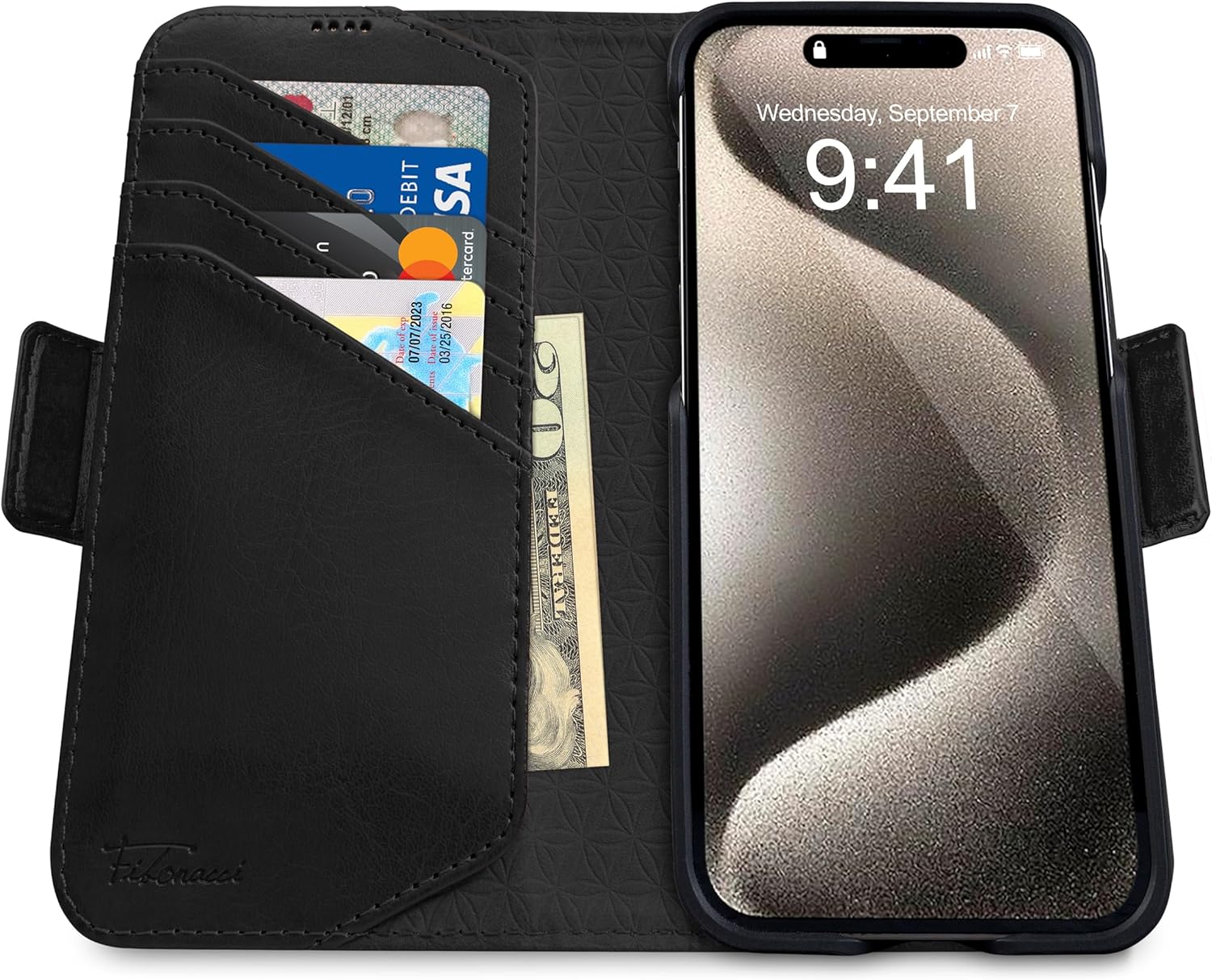 For iPhone 15 Pro Wallet Shockproof Detachable Luxury Vegan Leather Case - Black - Image 2