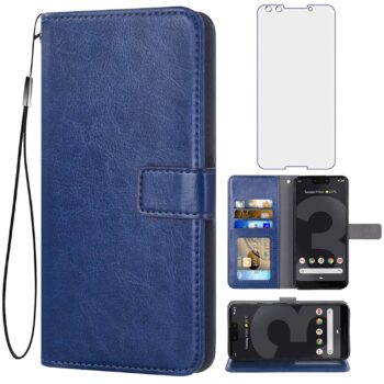 For Google Pixel 3 Tempered Glass Screen Protector Leather Flip Wallet Case