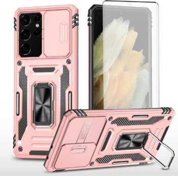 For Samsung Galaxy S21 Ultra 5G Kickstand Case w Tempered Glass Screen Protector