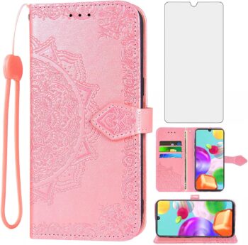 For Samsung Galaxy A41 Tempered Glass Screen Protector Flip Wallet - Gold Pink