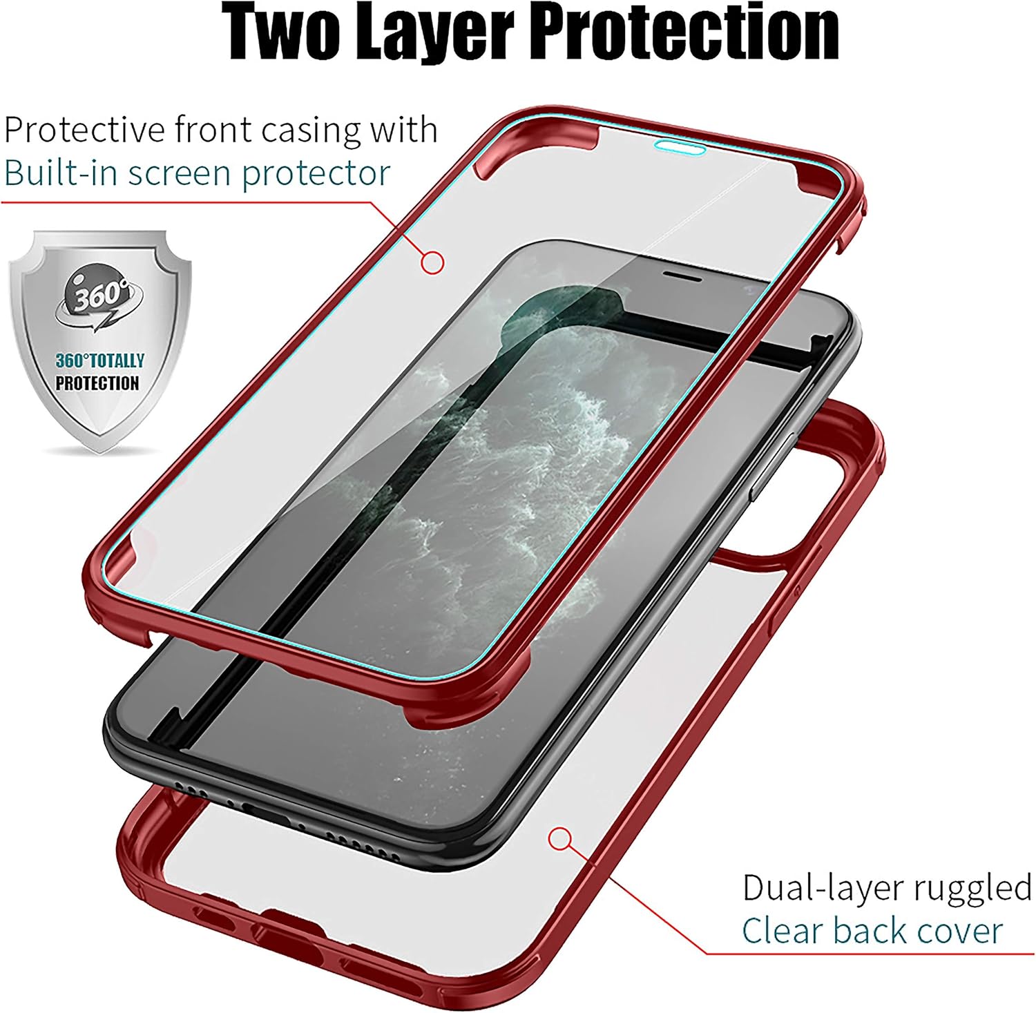 Dual Layer Rugged Protective Clear Case with Built-in Screen for iPhone 13 - Red - Image 2