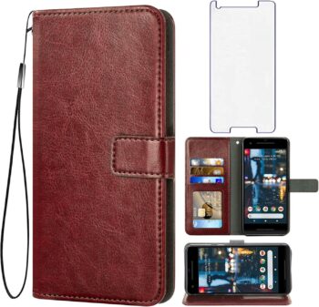 For Google Pixel 2 Tempered Glass Screen Protector and Leather Flip Wallet Case