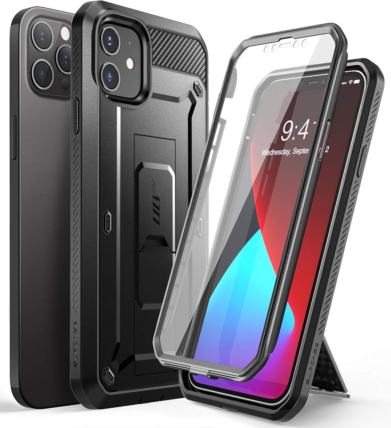 iPhone 12/12 Pro (2020) 6.1 Inch, Built-in Screen Protector Case (Black)