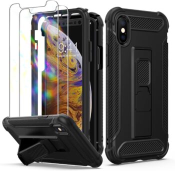 iPhone Xs Max, 2x Glass Screen Protector Shockproof Protective Case - Black