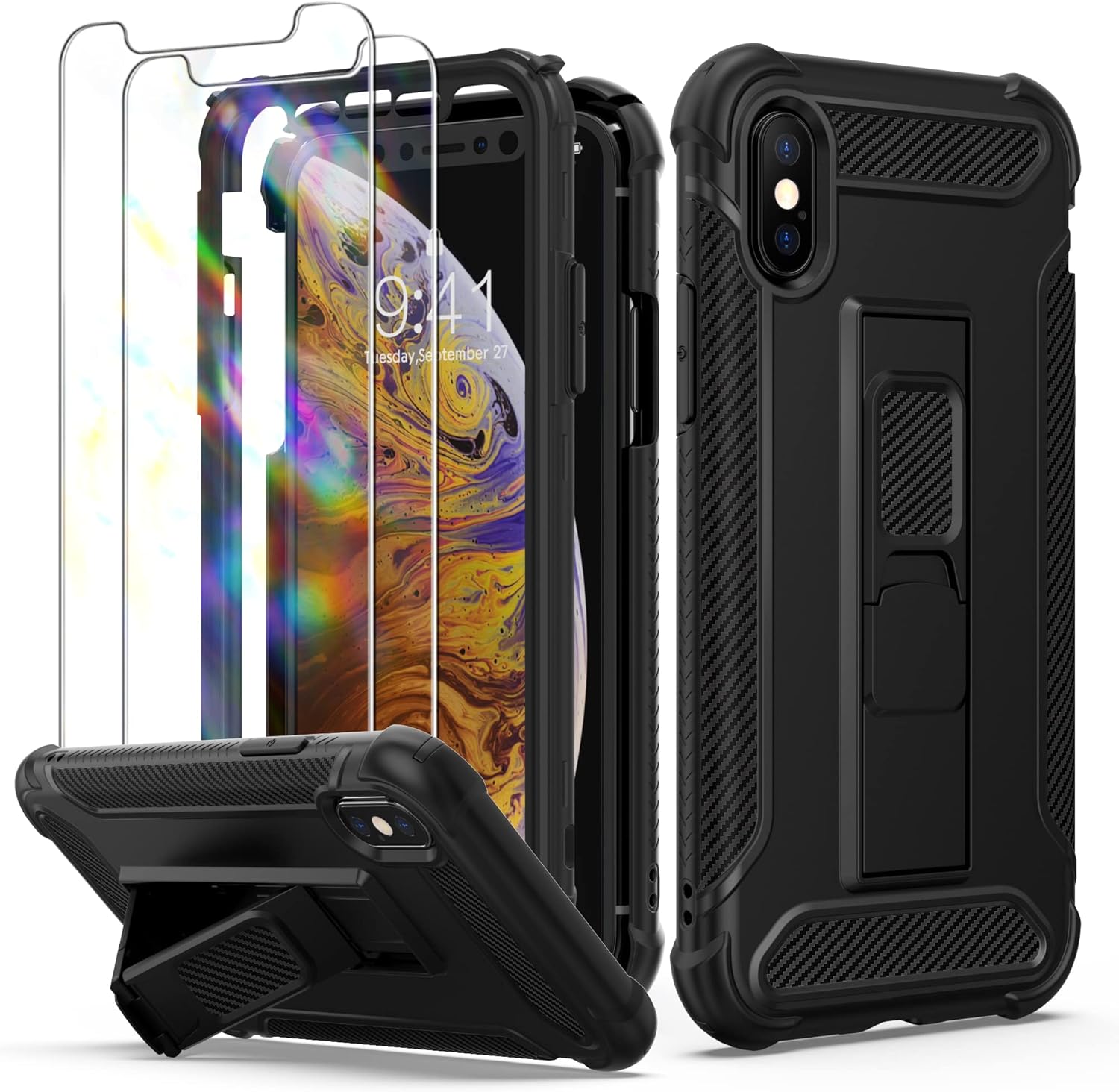 iPhone Xs Max, 2x Glass Screen Protector Shockproof Protective Case - Black