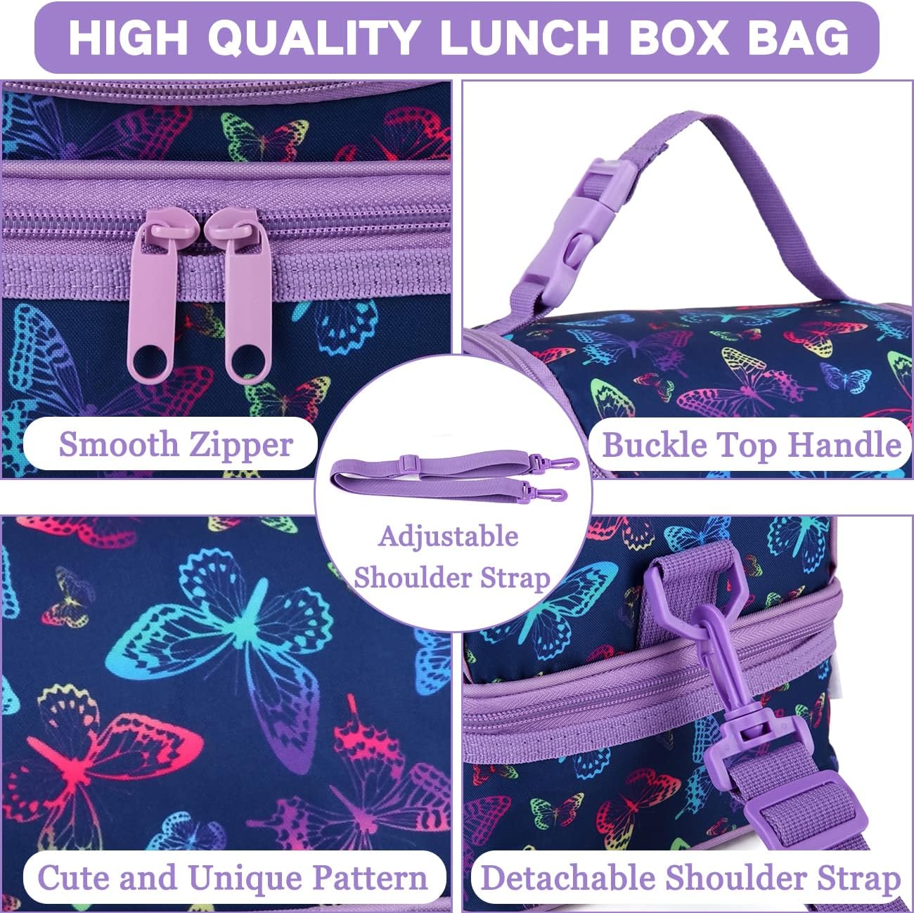 Lunch Box Bag Kids, Insulated Two Compartments Cooler Bags Girls Shoulder Strap - Image 6