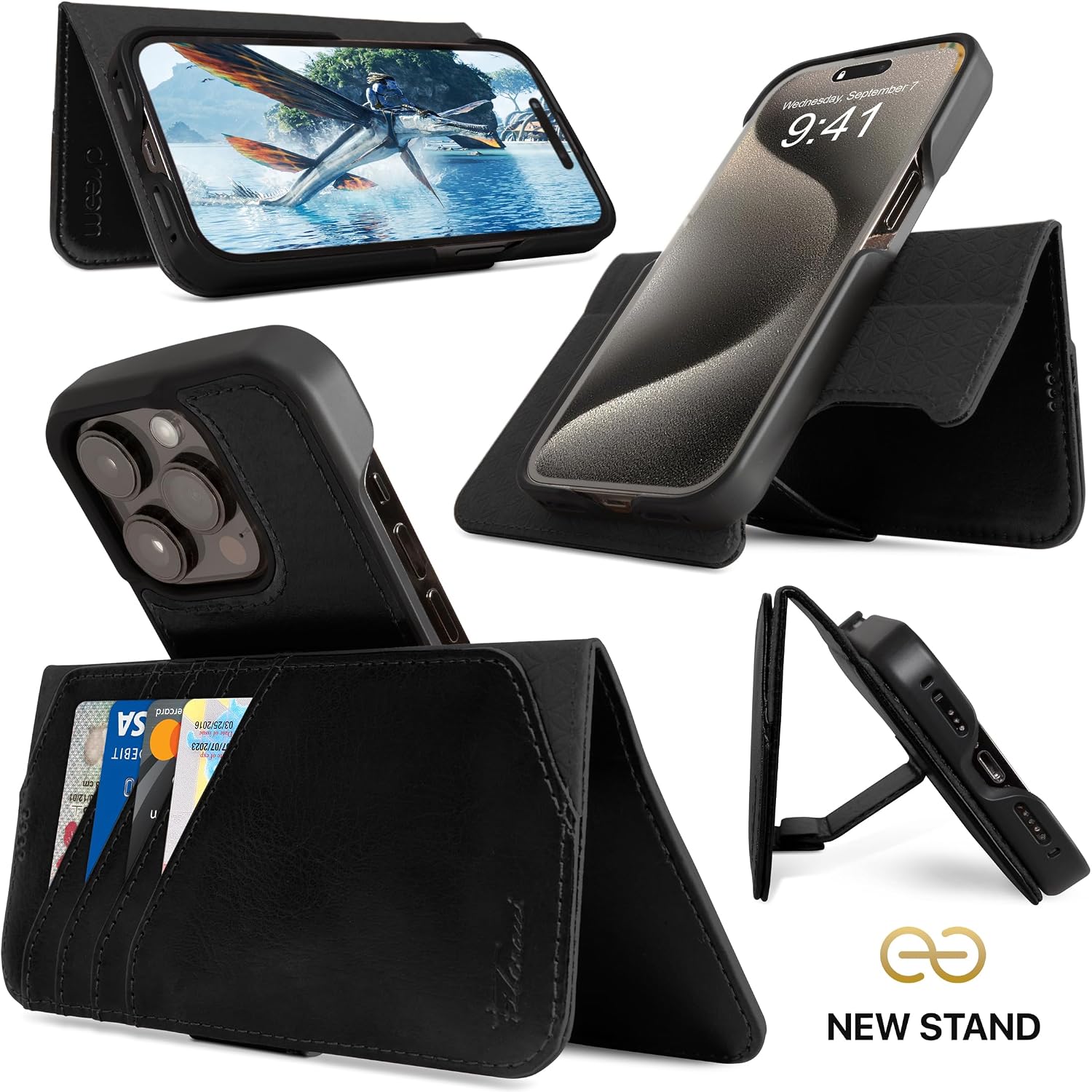 For iPhone 15 Pro Wallet Shockproof Detachable Luxury Vegan Leather Case - Black - Image 3