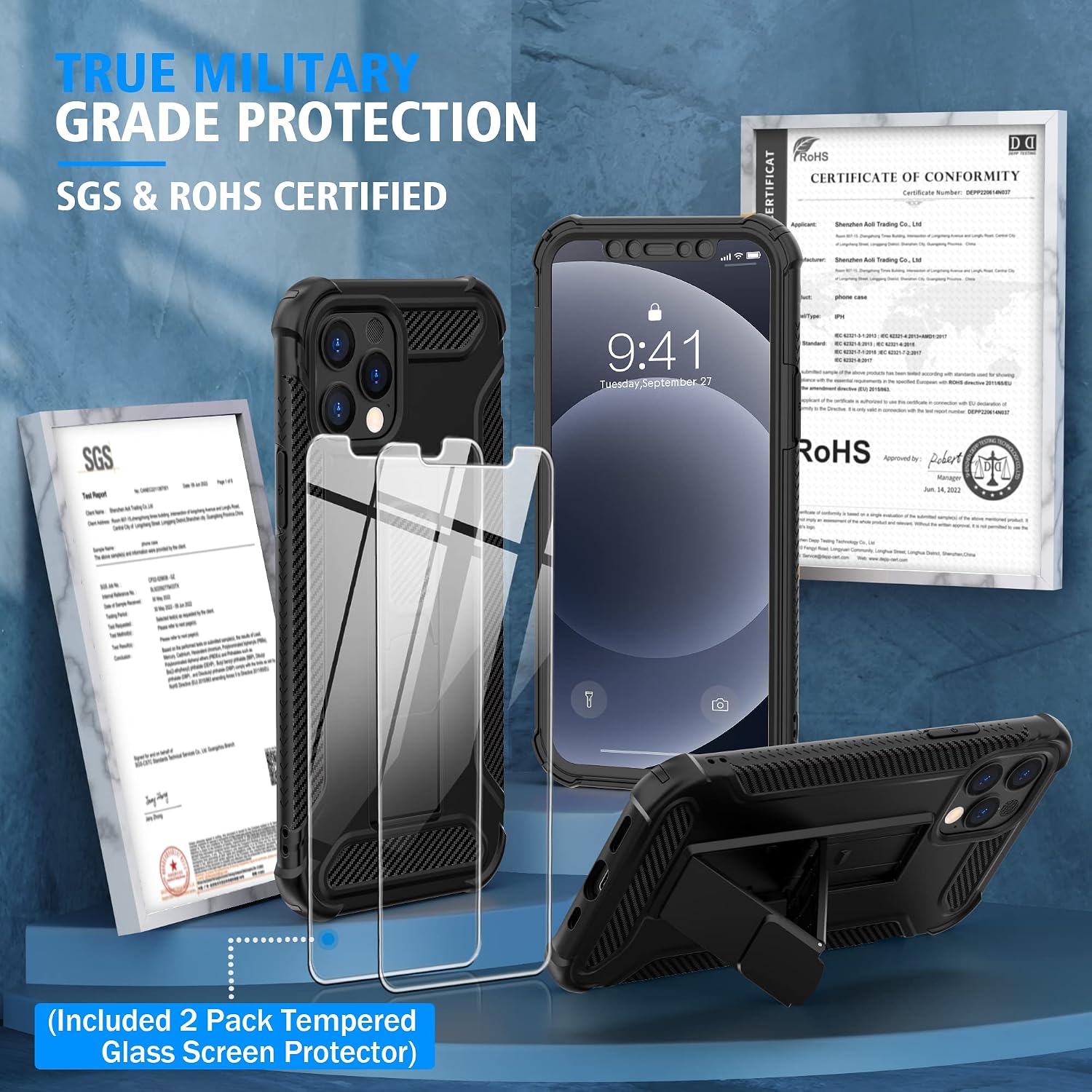 For iPhone 12 Pro Max Case, Military Grade Shockproof Silicone Bumper - Black - Image 4