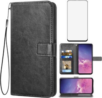 Samsung Galaxy S10e Tempered Glass Screen Protector and Leather Flip Wallet Case
