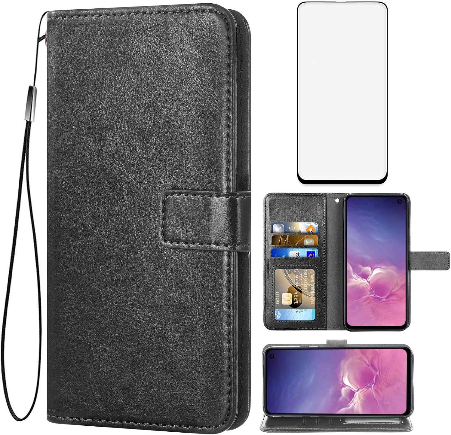 Samsung Galaxy S10e Tempered Glass Screen Protector and Leather Flip Wallet Case