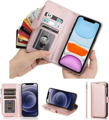 For iPhone 12 PU Leather Zip Pocket Wallet Flip Cover Case Magnetic - Pink