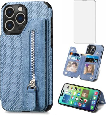 For iPhone 14 Pro Max 6.7 inch Wallet Cover with Screen Protector - Blue
