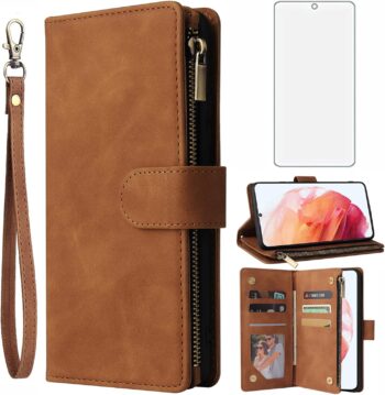 For Samsung Galaxy S21 FE Tempered Glass Screen Protector and Flip Wallet Case